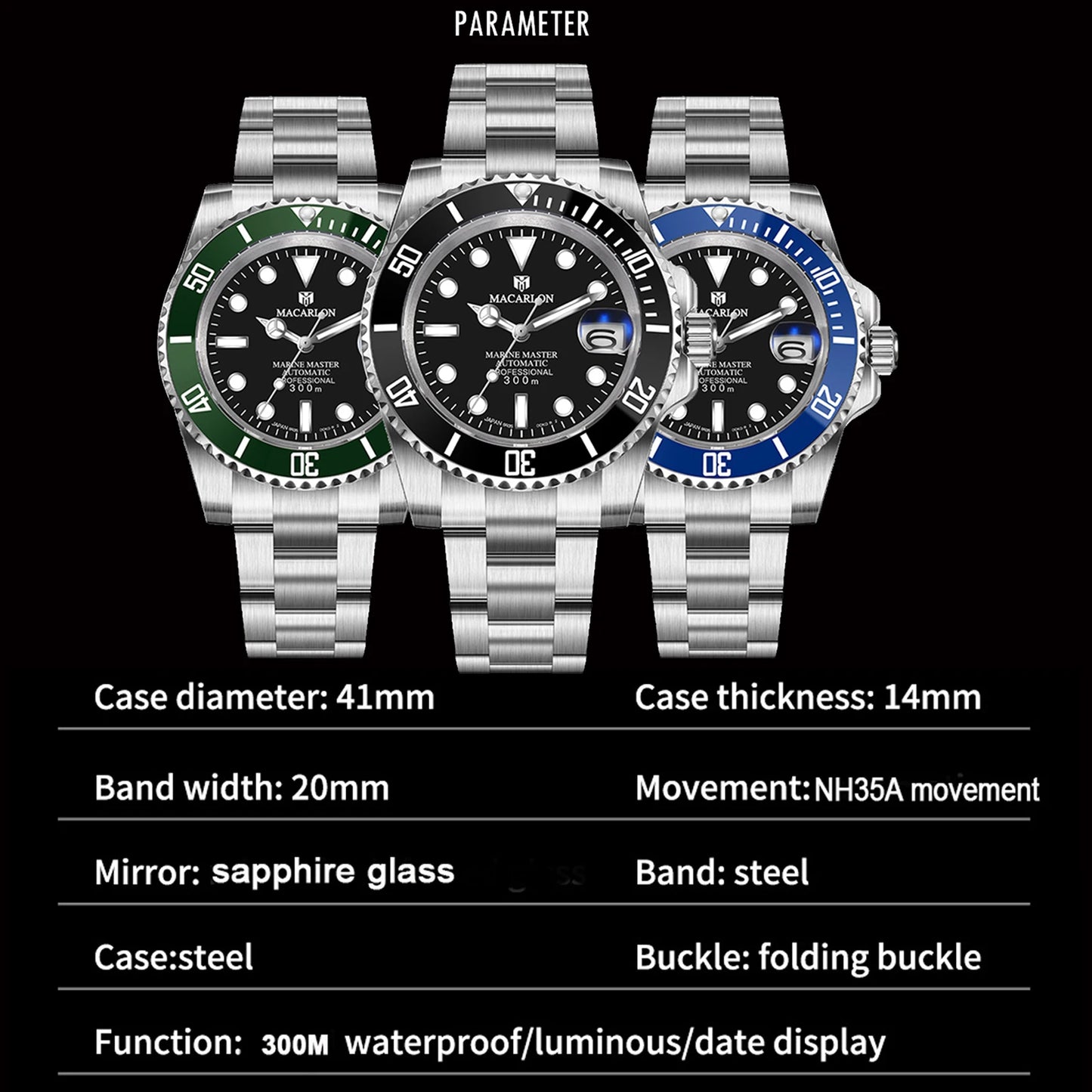 MACARLON Design New 41mm Mechanical Watch Men Sapphire Glass Luminous Stainless Steel Waterproof China NH35 Automatic Watch TOP