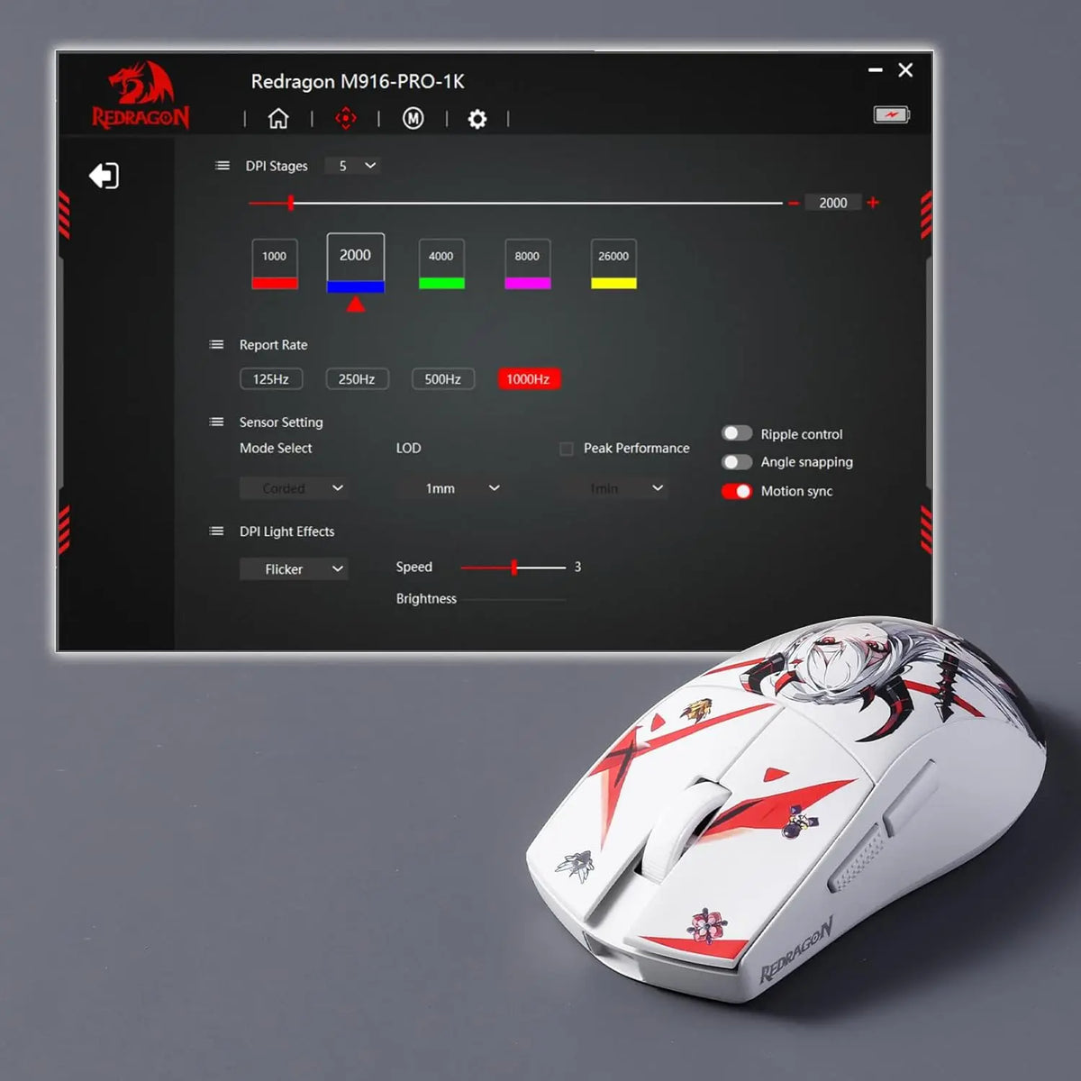 Redragon M916AK PRO 3-Mode Ultra-Light Wireless Gaming Mouse, 26K DPI Anime Gaming Mouse with PixArt 3395 Sensor, Programmable RGB Gaming Mouse