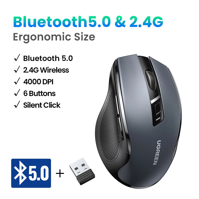 UGREEN Wireless Mouse Bluetooth 5.0 & 2.4G Ergonomic Mouse, 4000 DPI Silent Wireless Mouse with 6 Buttons for Laptop, MacBook, PC & Tablet