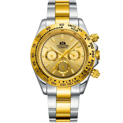 Automatic Mens Watch Self Wind Mechanical Gold Stainless Steel Glacier Ice Blue Dial Chestnut Brown Bezel Luminous Men Watches