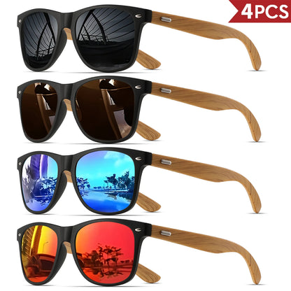 4PCS Bamboo Texture Square Sunglasses UV400, Fashion Unisex Classic - Lightweight for Casual Wear & Holidays