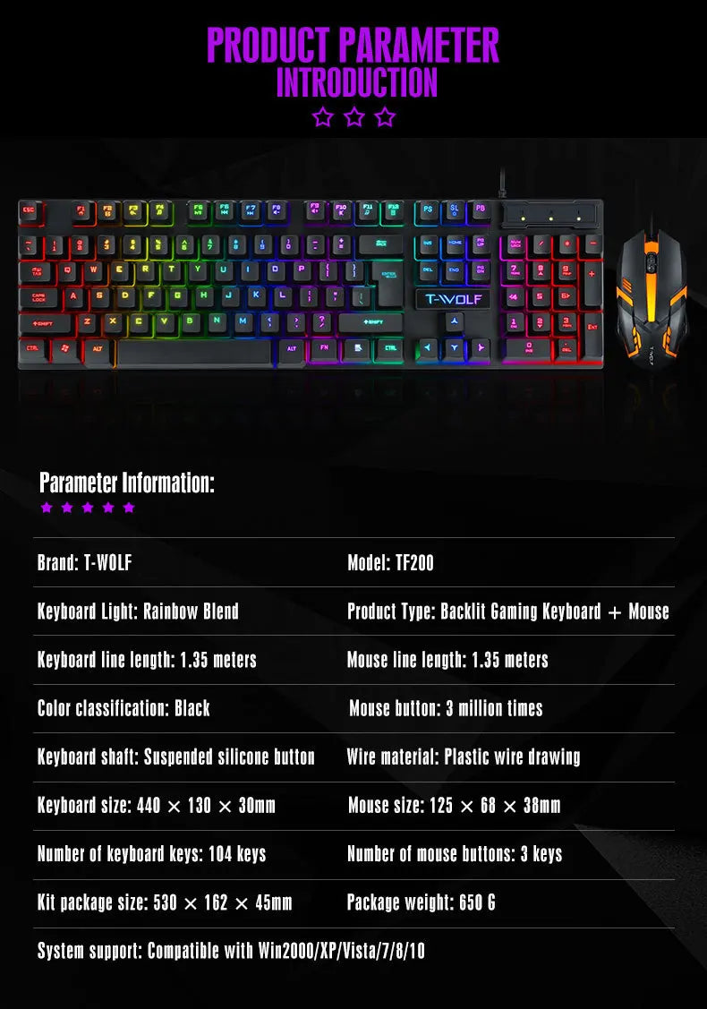 Spanish Keyboard with Ñ Russian Keyboard ISO 100% Layout 104 Keys Spanish Russian Gaming Keyboard Mouse Kit Backlight Wired T20