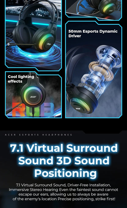 Auriculares gaming RGB con cable y micrófono – Sonido envolvente de baja latencia, iluminación RGB cool, aislamiento de ruido y ajuste cómodo
