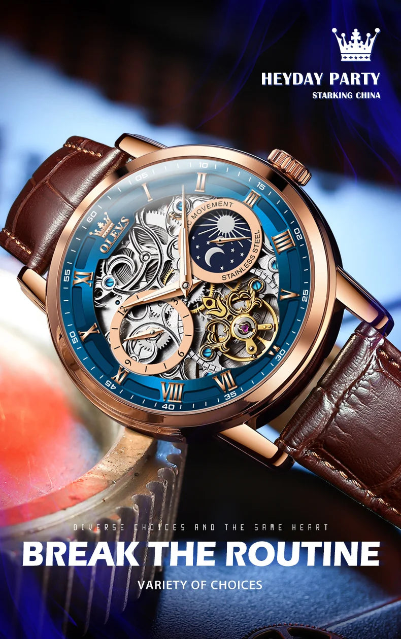 OLEVS Top Brand Men's Skeleton Mechanical Watch Waterproof Leather Strap Men Moon Phase Automatic Tourbillon Wristwatch for Men