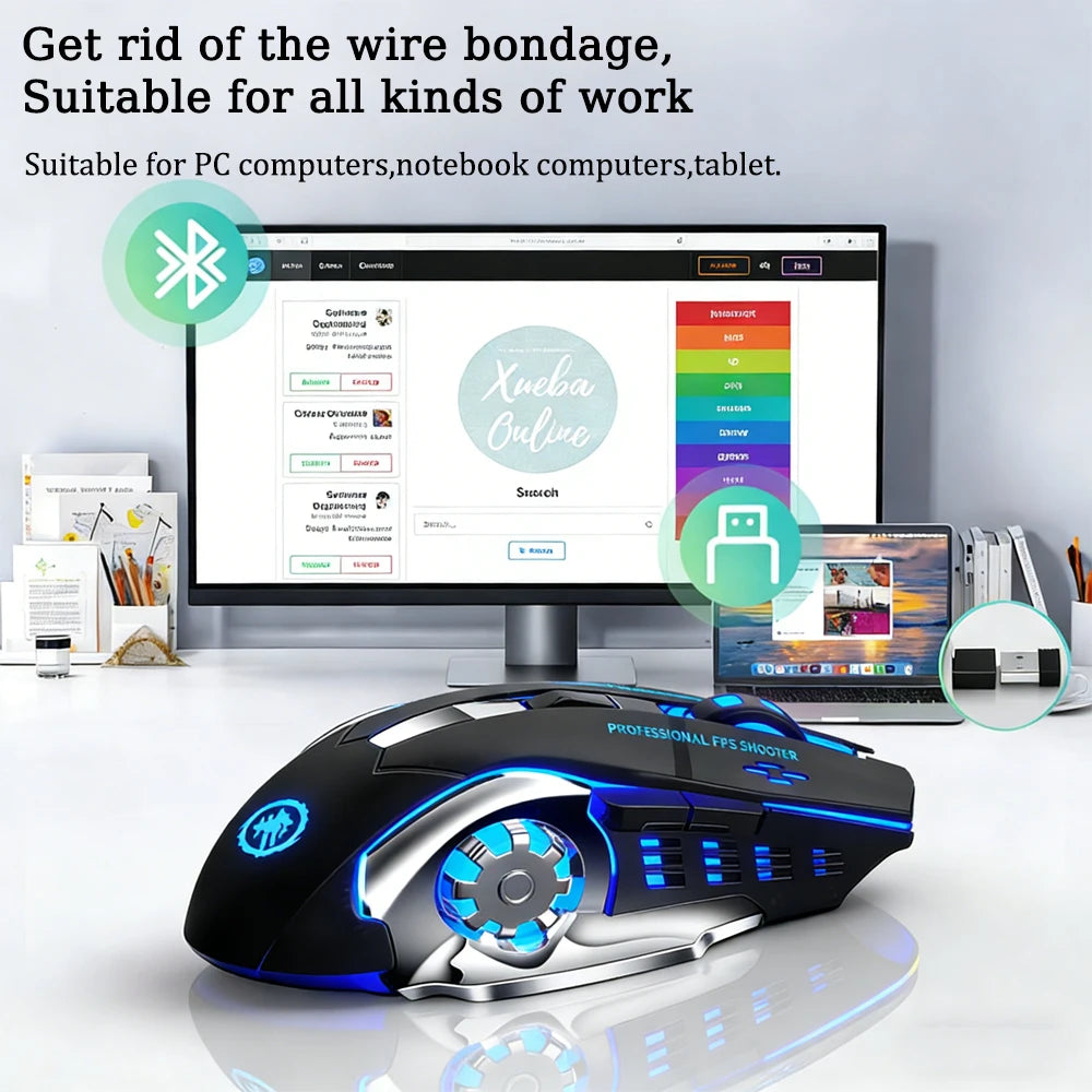 Wireless Bluetooth Mouse Rechargeable 2.4G USB Gaming Mouse, Silent Ergonomic Wireless Bluetooth Mouse with RGB Backlight, Dual Mode Office & Gaming Mouse