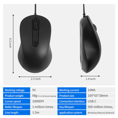 Silent 3D USB-C Wired Mouse, Ergonomic Optical Mouse 1000 DPI for PC, Laptop, MacBook, Tablet & Phone, Silent USB-C Computer Mouse for Windows, macOS & Android