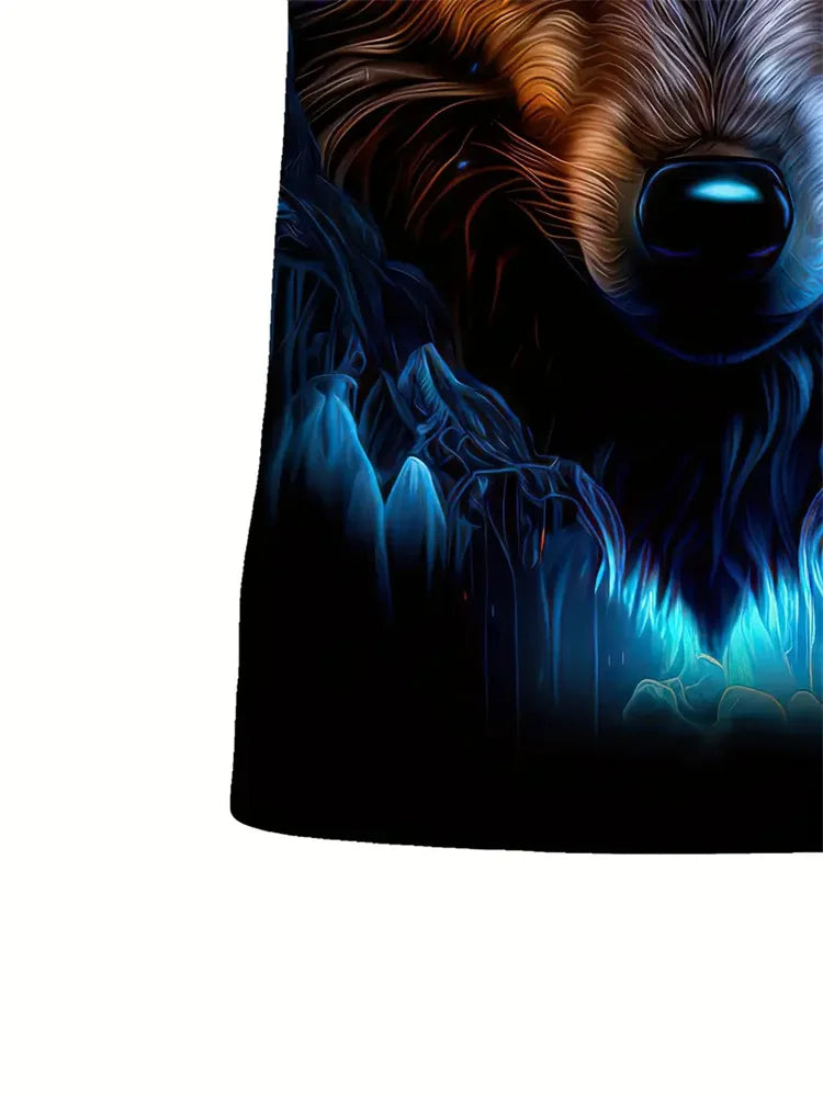 T-shirt da uomo con stampa 3D lupo, girocollo casual, maniche corte, tessuto traspirante e confortevole, abbigliamento streetwear outdoor da uomo