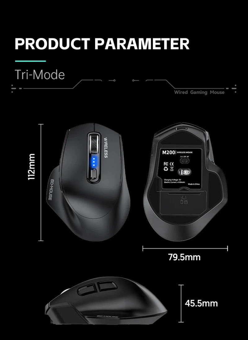 Wireless Tri-Mode Gaming Mouse with Bluetooth & 2.4G Dual Receiver, Rechargeable Wireless Gaming Mouse with Battery Display for PC, Laptop & Office
