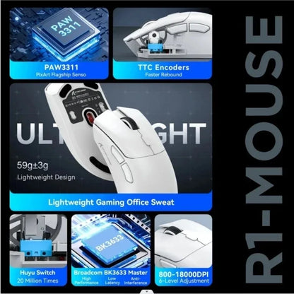 ATTACK SHARK R1 59g Ultra-Light Mouse with PAW3311, 18000 DPI, 400 IPS, 40G, 1000Hz, Tri-Mode, Broadcom BK3633 Master, 20 Million Times