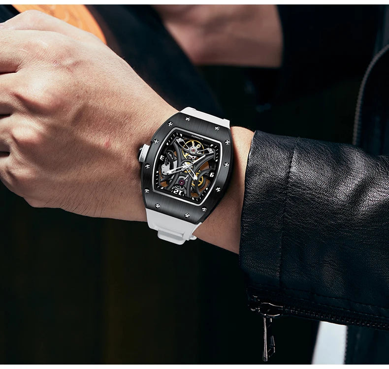 Luxury Automatic Watch Men Sports Barrel Skeleton Design Mechanical Movement Silicone Strap 5 ATM Waterproof Watches