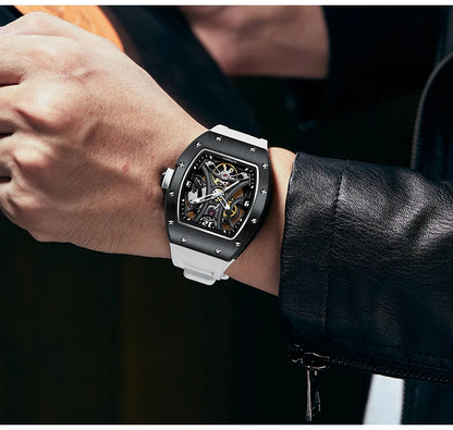 Luxury Automatic Watch Men Sports Barrel Skeleton Design Mechanical Movement Silicone Strap 5 ATM Waterproof Watches