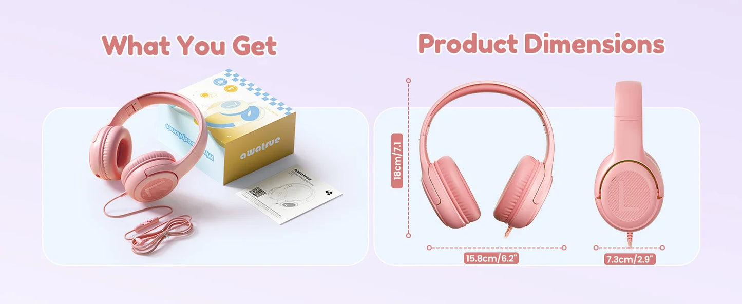 Awatrue Kids Headphones with Microphone, Safe Volume Limited Wired Kids Headphones for School, Toddler & Children, Comfortable Stereo Headset for Learning, Travel & Gaming