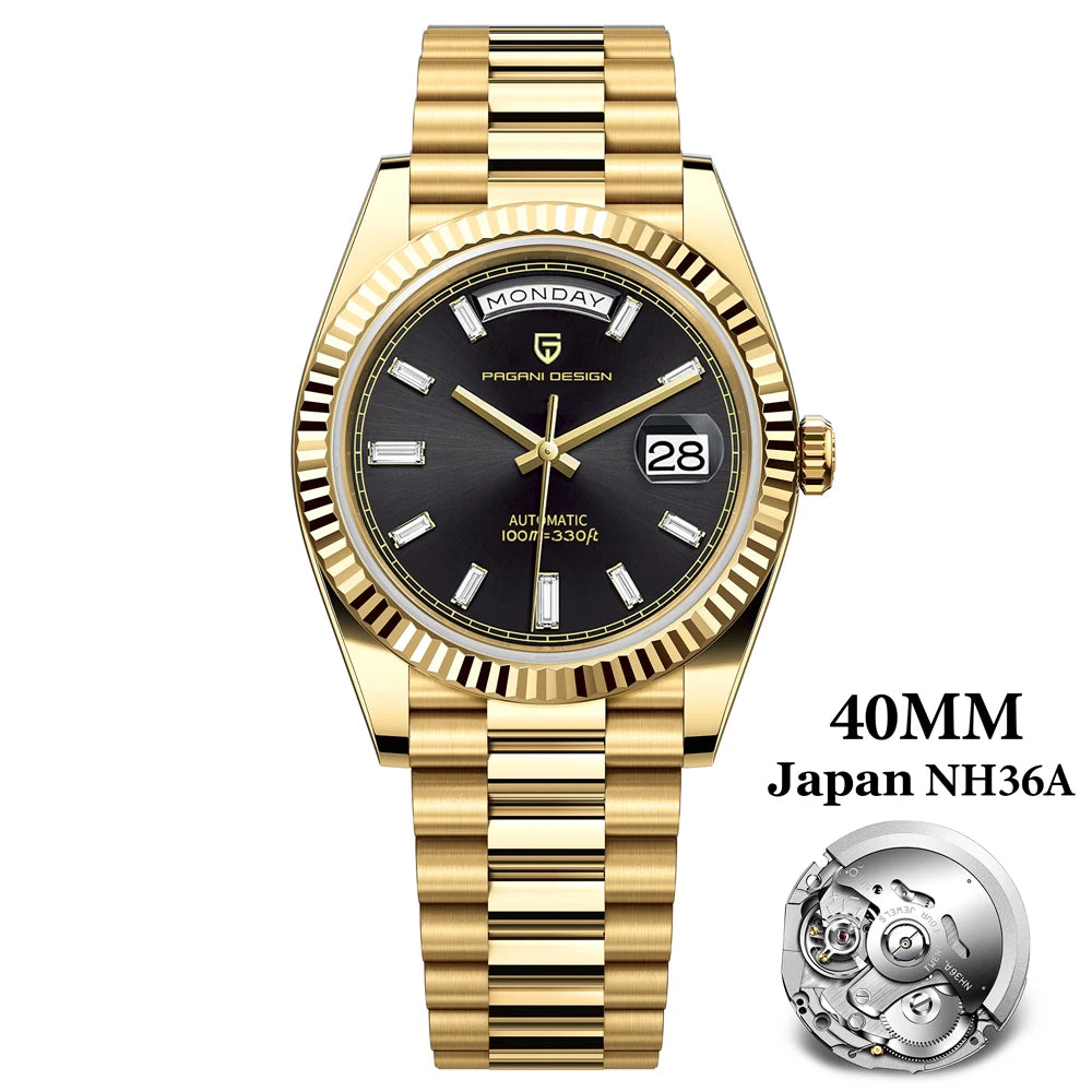 PAGANI DESIGN 2026 New Gold Green 40MM Date Week Men's Watches Automatic Watch Men AR Sapphire Glass NH36A Mechanical Wristwatch