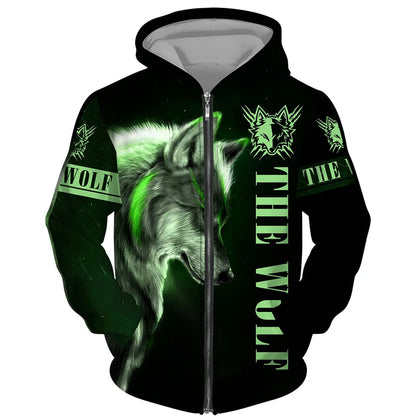 Sweat à capuz com fecho e estampado 3D de lobo, estilo streetwear, para homem/mulher, casaco com capuz unissexo casual hip-hop