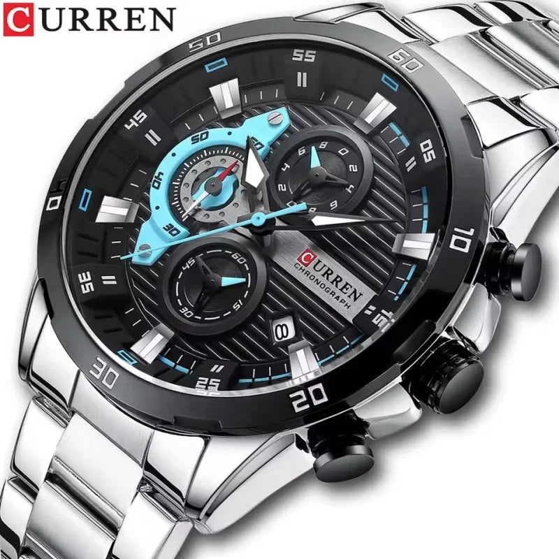 Luxusní pánské hodinky CURREN 8402, nové, z nerezové oceli, vodotěsné, s chronografem a nočním osvětlením.