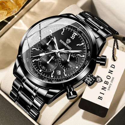 Relógio de quartzo BINBOND para homem, elegante, robusto e preciso, com data automática, cronógrafo, luz noturna e à prova de água. Estilo descontraído.
