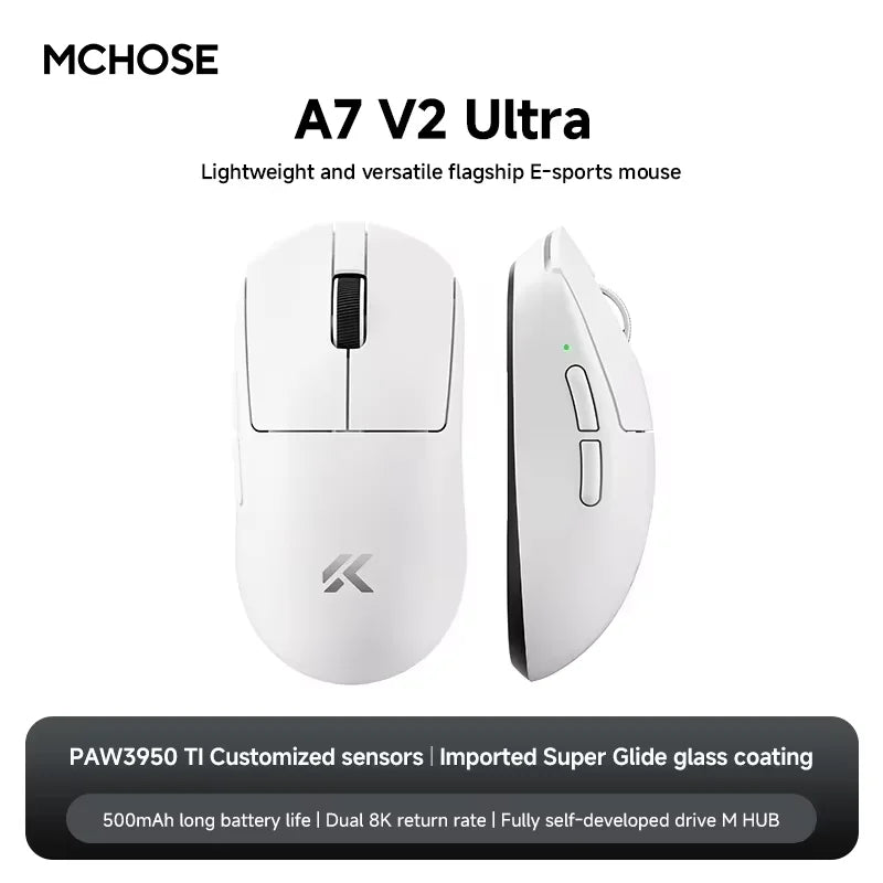 MCHOSE A7 V2 Ultra Wireless Gaming Mouse with PixArt 3950Ti Sensor, 8K Polling Rate, Lightweight Bluetooth & 2.4G RGB Gaming Mouse