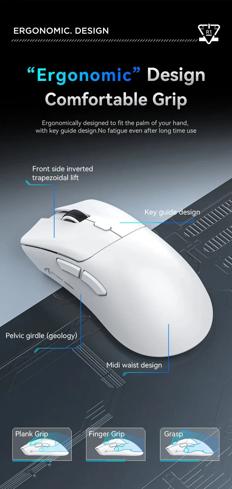 Attack Shark R1 Wireless Gaming Mouse, Tri-Mode Bluetooth Gaming Mouse with PAW3311 Sensor, 18000 DPI, 1000Hz Polling Rate, Rechargeable Ergonomic Gaming Mouse