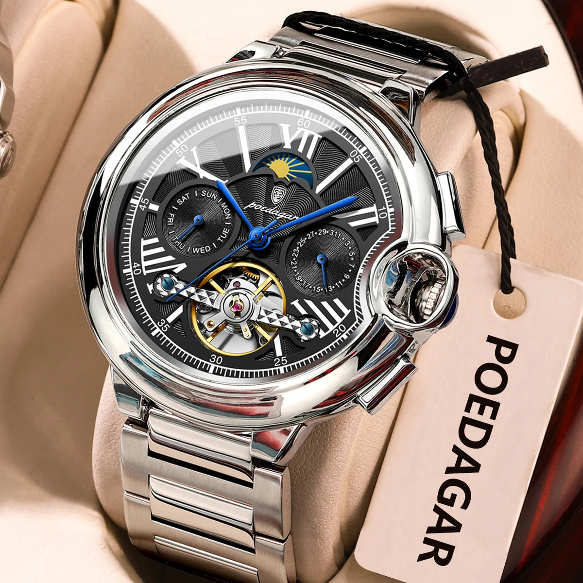 POEDAGAR herenhorloge, luxe en professionele stijl, met datum- en dagweergave, tourbillon, roestvrijstalen kast, automatisch mechanisch uurwerk en waterdicht.