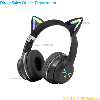 RGB Cat Ear Wireless Bluetooth Headphones for Kids & Girls, LED Light Stereo Gaming Headset with Microphone, Foldable Bluetooth Cat Ear Headphones