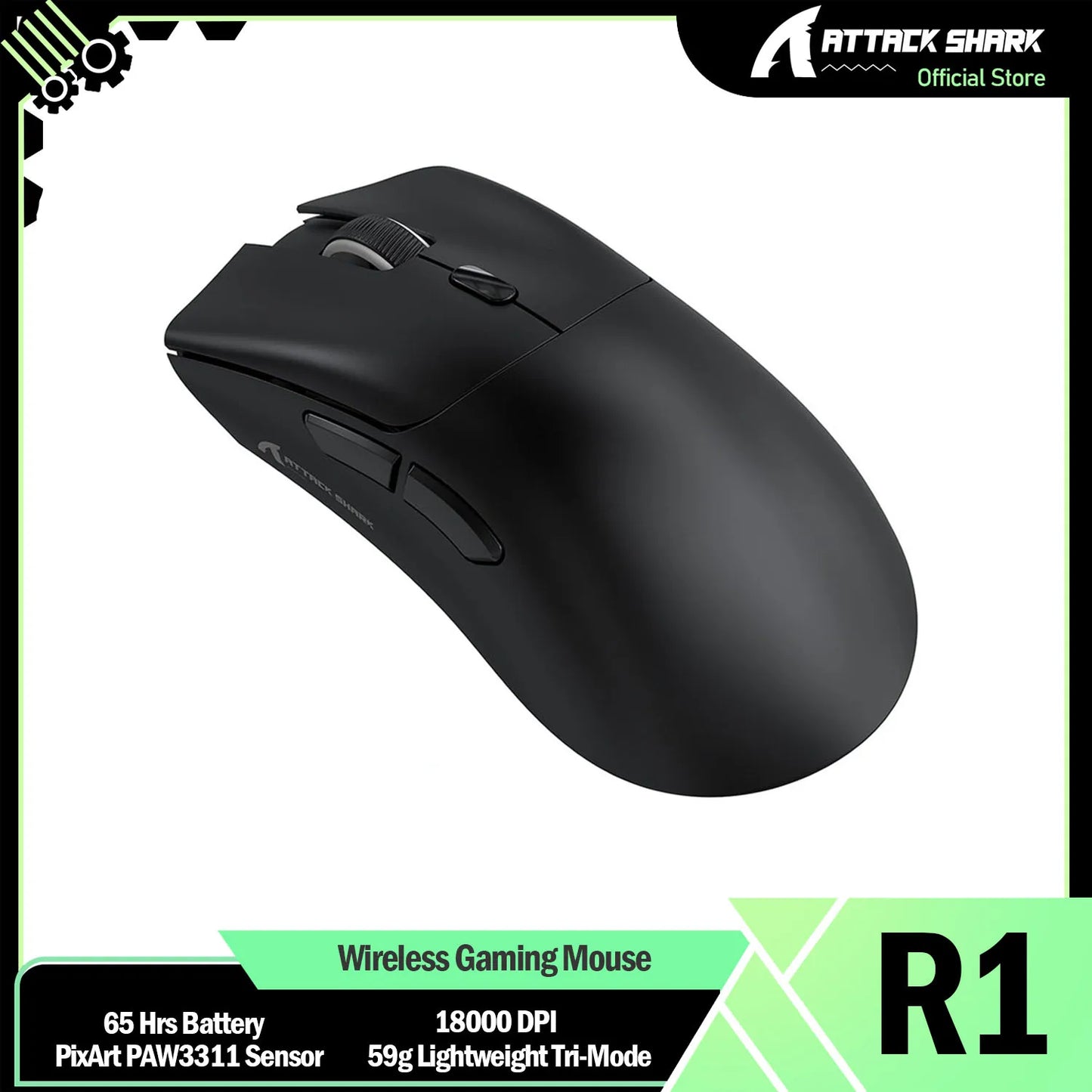 ATTACK SHARK R1 Superlight Wireless Gaming Mouse, 59g Ultra-Light Mouse with PixArt PAW3311 Sensor, 18000 DPI, Tri-Mode Bluetooth & 2.4GHz, 65H Battery