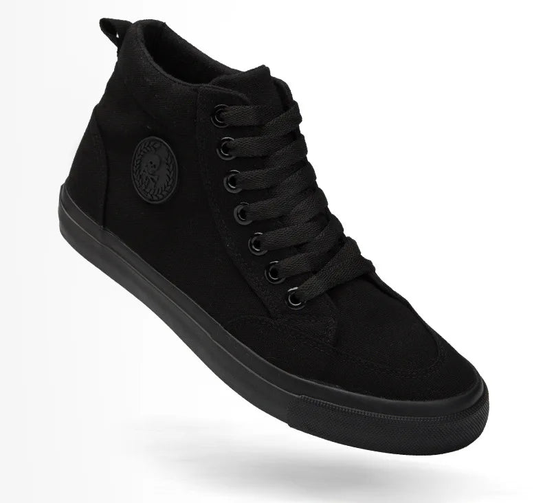 Baskets montantes en toile pour hommes, chaussures de Skate décontractées à lacets, toutes noires, pour étudiants, semelle plate, chaussures de Sport confortables