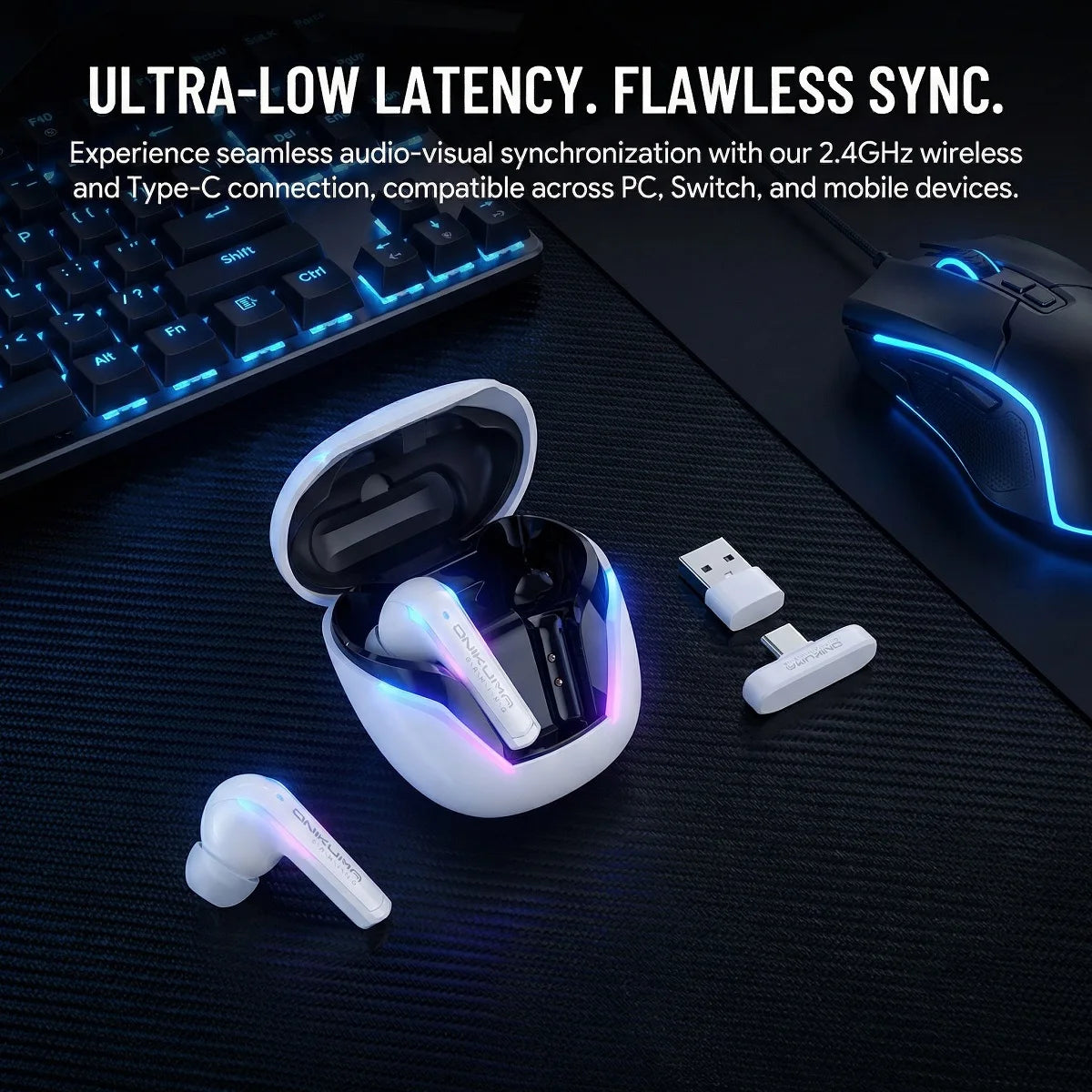 ONIKUMA T27 Wireless Earbuds Dual-mode Headset Independent Connection  with Touch Control 2.4Ghz Low Latency Stereo Bluetooth