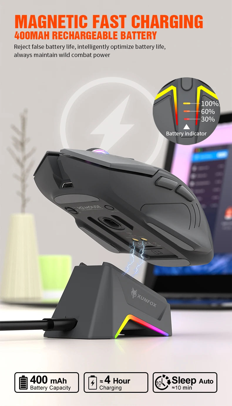 XUNSVFOX H2 trådlös Bluetooth-mus med dubbla lägen, RGB-belysning, för laptop, gaming och kontor, magnetisk laddning