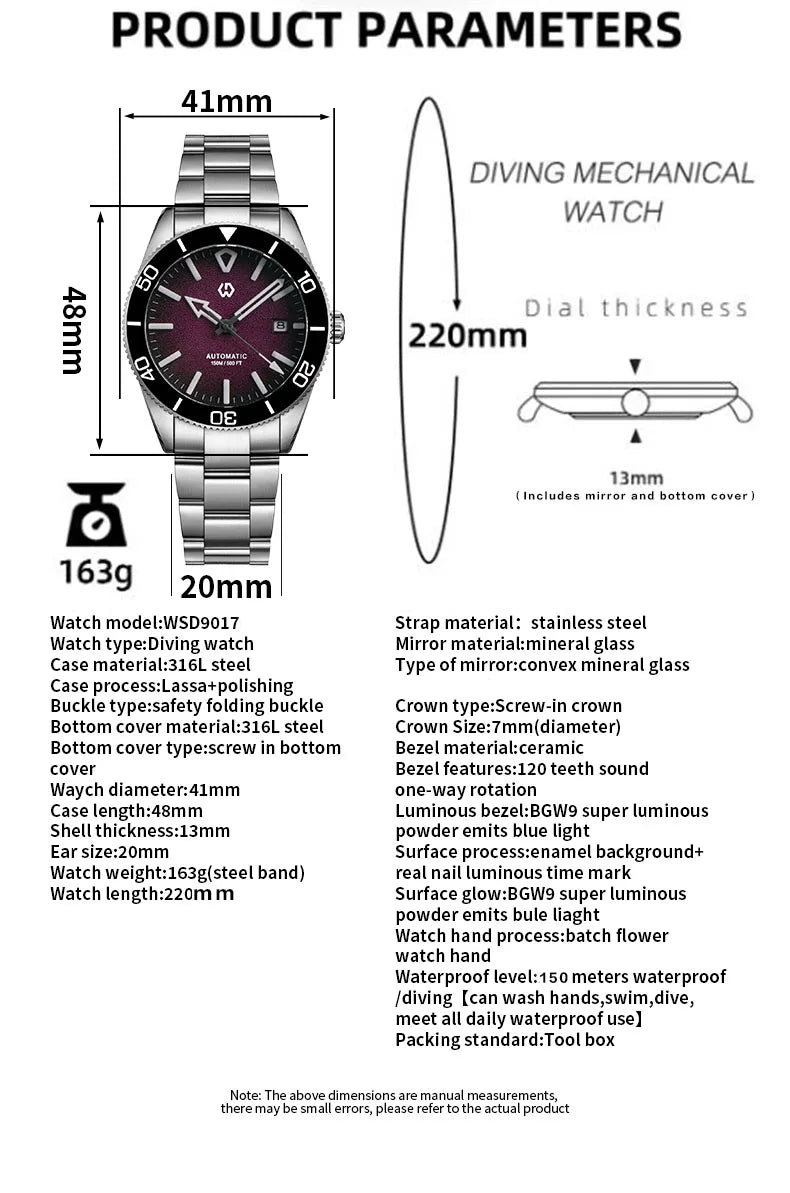 WSD9017 Men's Automatic Watch Mechanical 3D Dimensional Luminous Watch Needle Ceramic Bezel 150 Meters Waterproof Diving