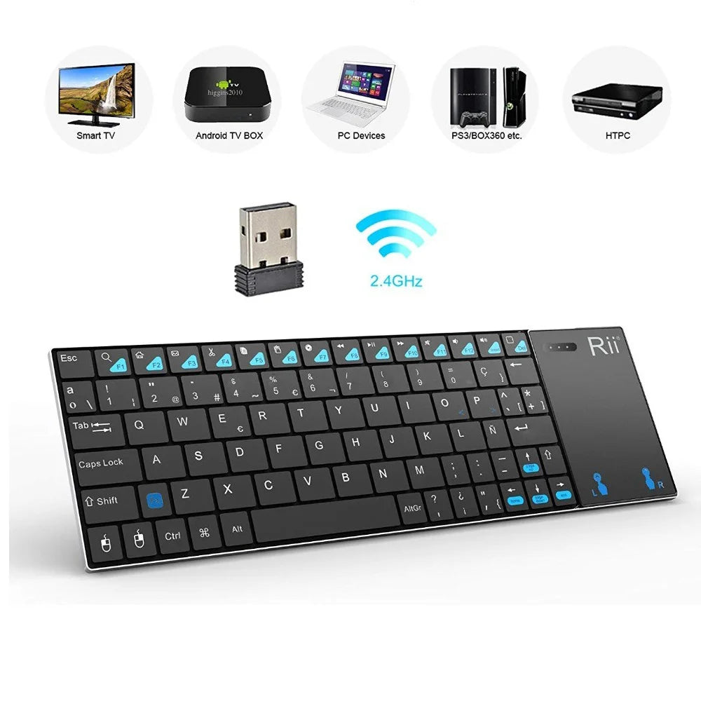 Russische, spanische, englische und französische kabellose Tastatur Rii K12+/i12+ Mini-Tastatur mit Touchpad-Maus für Android, Laptop, PC und TV-Box