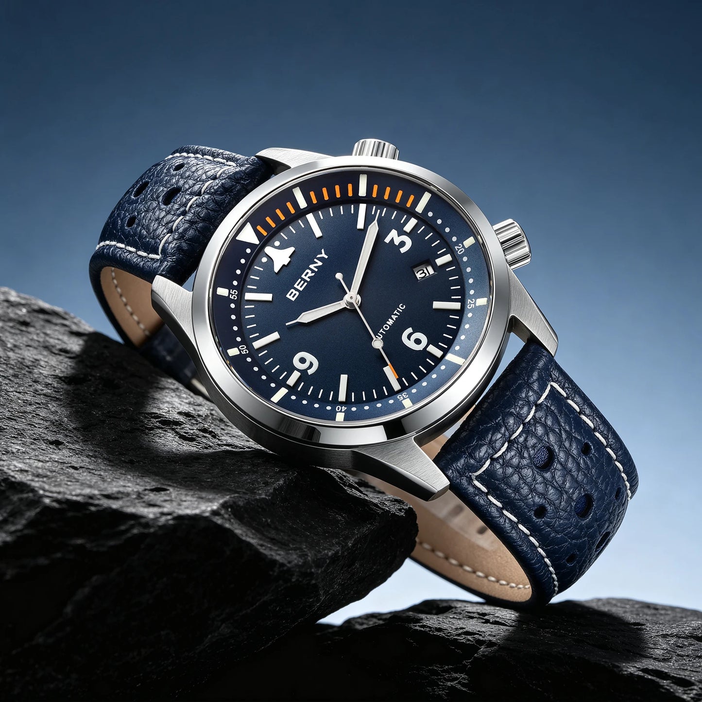 BERNY Men's Automatic Diver Watch Supper Luminous Sapphire AR Coated MlYOTA 8215 Leather Strap Mechanical Diving Watches for Men