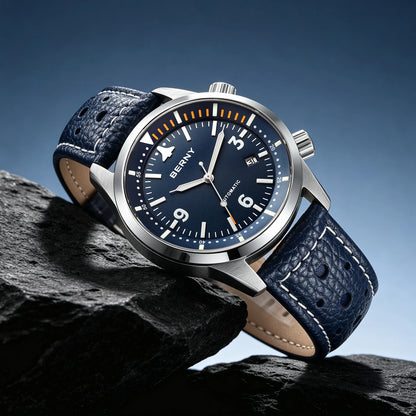 BERNY Men's Automatic Diver Watch Supper Luminous Sapphire AR Coated MlYOTA 8215 Leather Strap Mechanical Diving Watches for Men