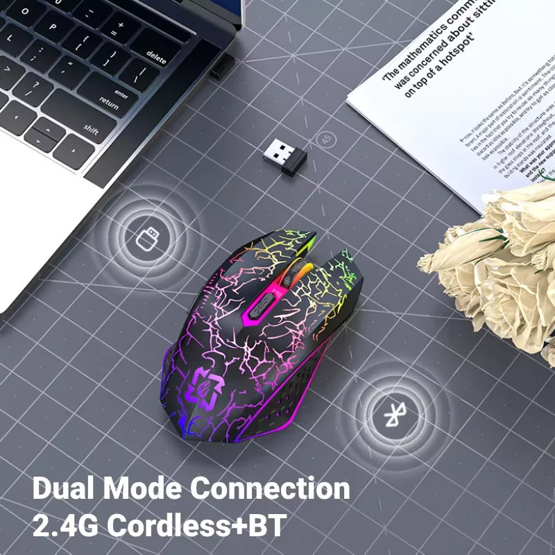 Souris sans fil Bluetooth rechargeable, souris gaming RGB 2,4 GHz, souris sans fil ergonomique avec 1 600 DPI, souris Bluetooth bimode pour PC, ordinateur portable et MacBook