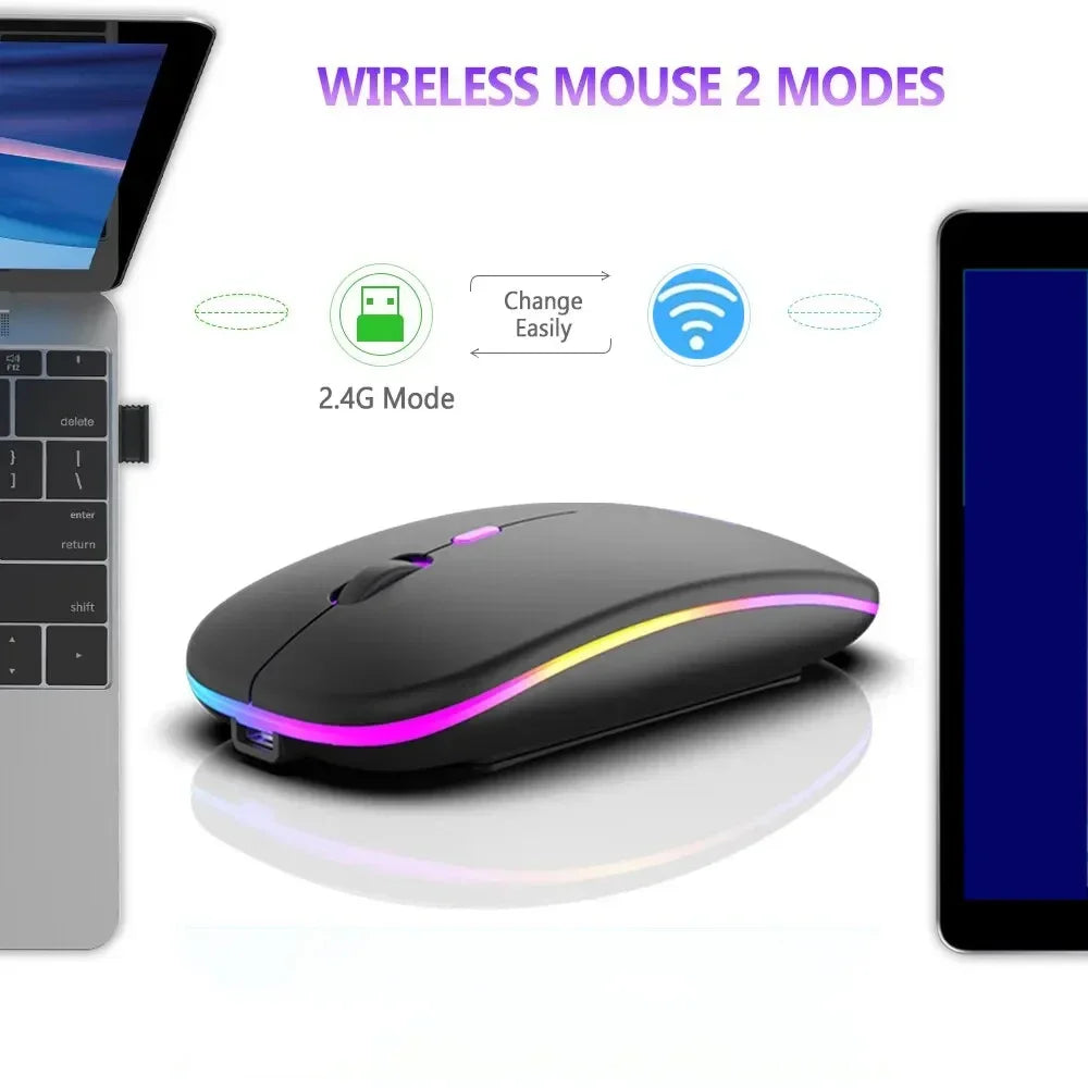 Ladattava langaton hiiri kahdella yhteystilalla, Bluetooth-yhteensopiva 2.4G USB -tietokonehiiri kannettavalle, iPadille, tabletille ja pelikäyttöön