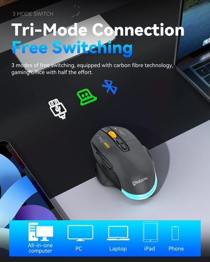 12800DPI Tri-Mode Wireless Gaming Mouse with Bluetooth, 2.4G & Wired Connection, Macro Programming, Carbon Fiber Design, 7 Keys Rechargeable Mouse