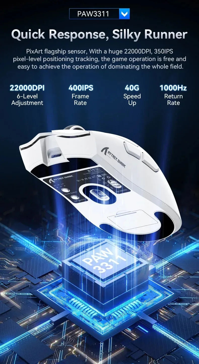 ATTACK SHARK X11SE Ultra-Light Wireless Gaming Mouse, 22,000 DPI PAW3311 Sensor, Tri-Mode Bluetooth/2.4GHz/Wired Gaming Mouse, 65-Hour Battery