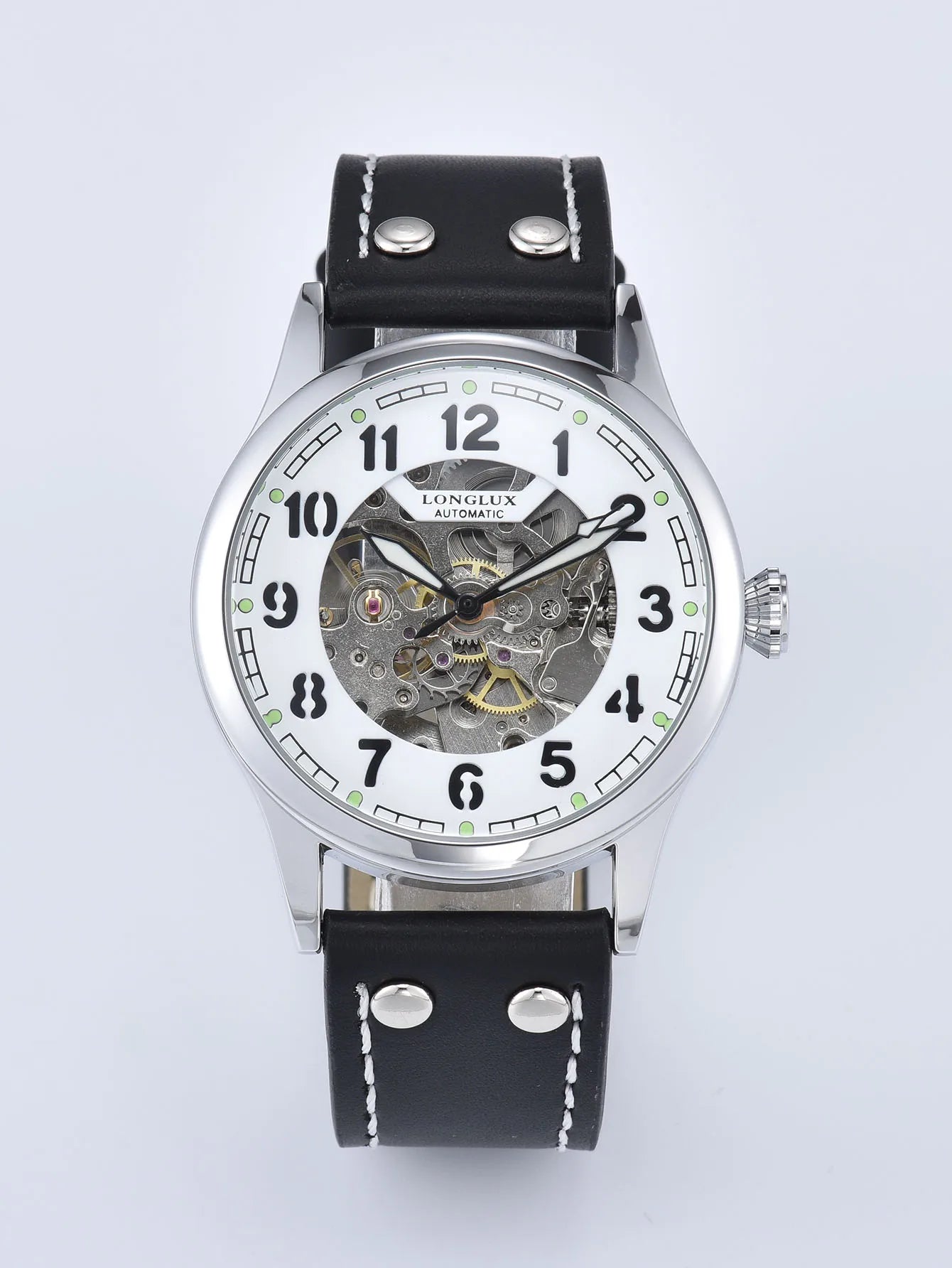 LONGLUX men automatic watch vintage pilot tough guy mechanical watches skeleton waterproof luminous leather gift