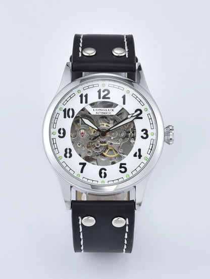 LONGLUX men automatic watch vintage pilot tough guy mechanical watches skeleton waterproof luminous leather gift