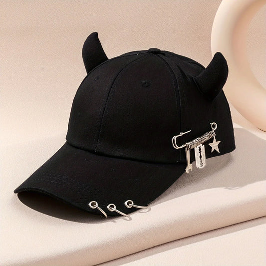 Personalized cow horn iron ring baseball cap versatile student curved brim duckbill cap for men and women street hip-hop