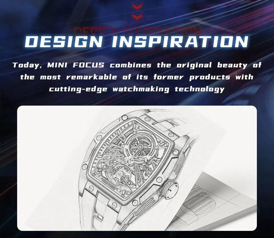 MINI FOCUS Men's Wristwatch Fashion Black Waterproof Automatic Mechanical Watch with Luminous Hands Silicone Strap Tonneau Dial