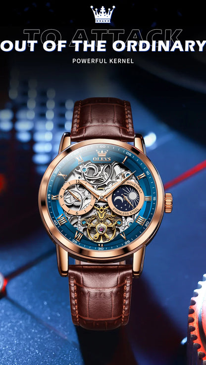 OLEVS Top Brand Men's Skeleton Mechanical Watch Waterproof Leather Strap Men Moon Phase Automatic Tourbillon Wristwatch for Men