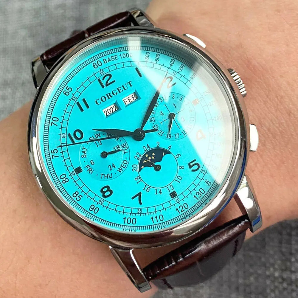 Corgeut Multi Functional Watch Automatic Mechanical Watch for Men 42mm Day Date Month Year Day/Night ST1655 Movt Polished Case