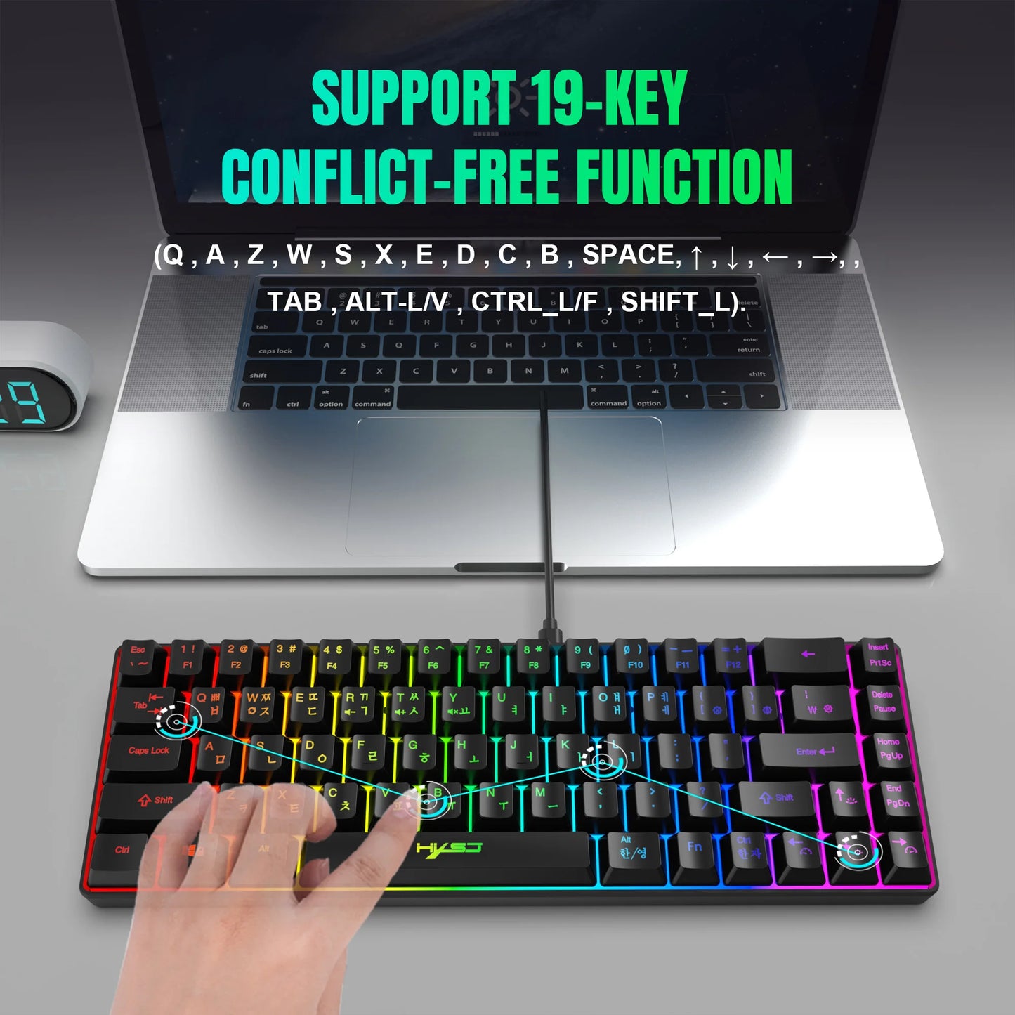 68-Tasten-Gaming-Tastatur, USB-kabelgebunden, tragbar, 20 RGB-Hintergrundbeleuchtungen, koreanische Tastatur für Windows-Laptops und Computer