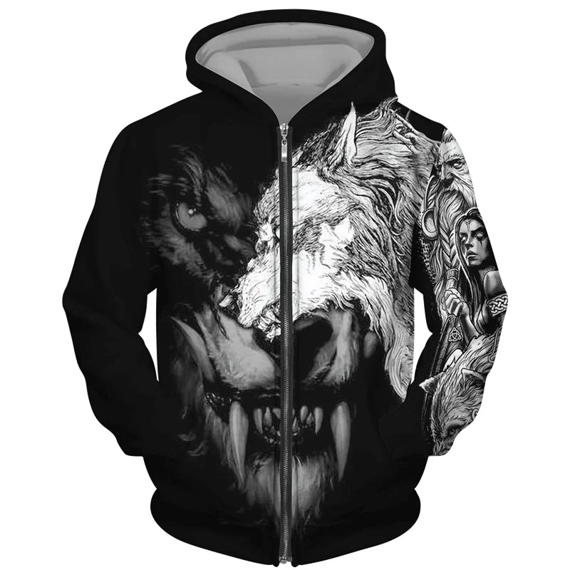 Sweat à capuz com fecho e estampado 3D de lobo, estilo streetwear, para homem/mulher, casaco com capuz unissexo casual hip-hop