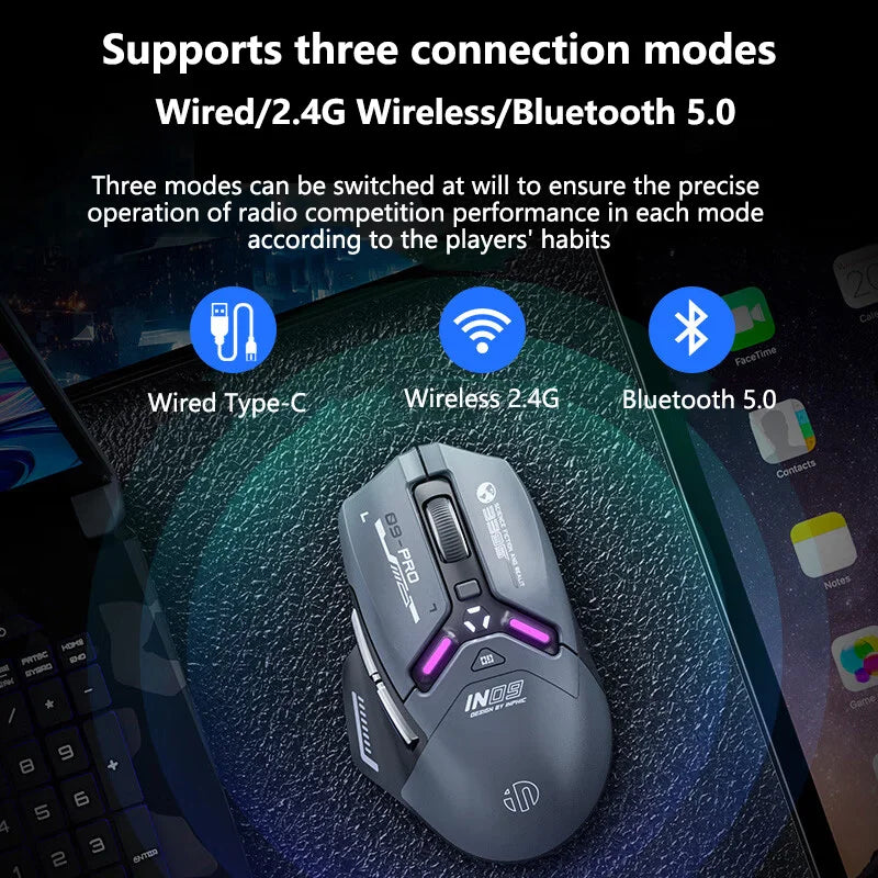 Inphic IN9PRO Wireless Gaming Mouse 26000 DPI Tri-Mode Bluetooth RGB Ergonomic Gaming Mouse with PAW3395 Sensor & 8K Polling Support