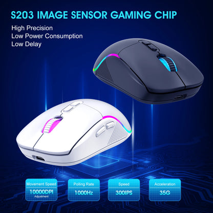 Tri-Mode Wireless Gaming Mouse with Bluetooth 2.4G & Wired Connection, 10000 DPI RGB Esports Mouse with 7 Buttons and Rechargeable Battery