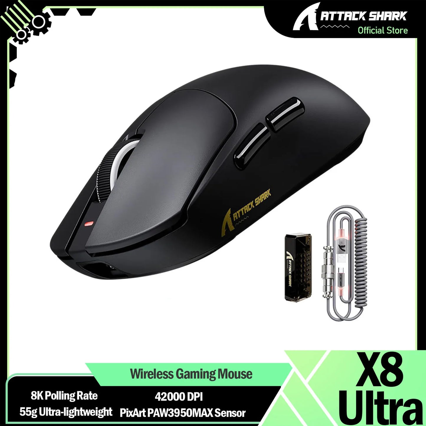 ATTACK SHARK X8 Ultra 8KHz Wireless Gaming Mouse, 55g Superlight Gaming Mouse, PAW3950MAX Sensor, 42,000 DPI, Tri-Mode Bluetooth & USB Gaming Mouse