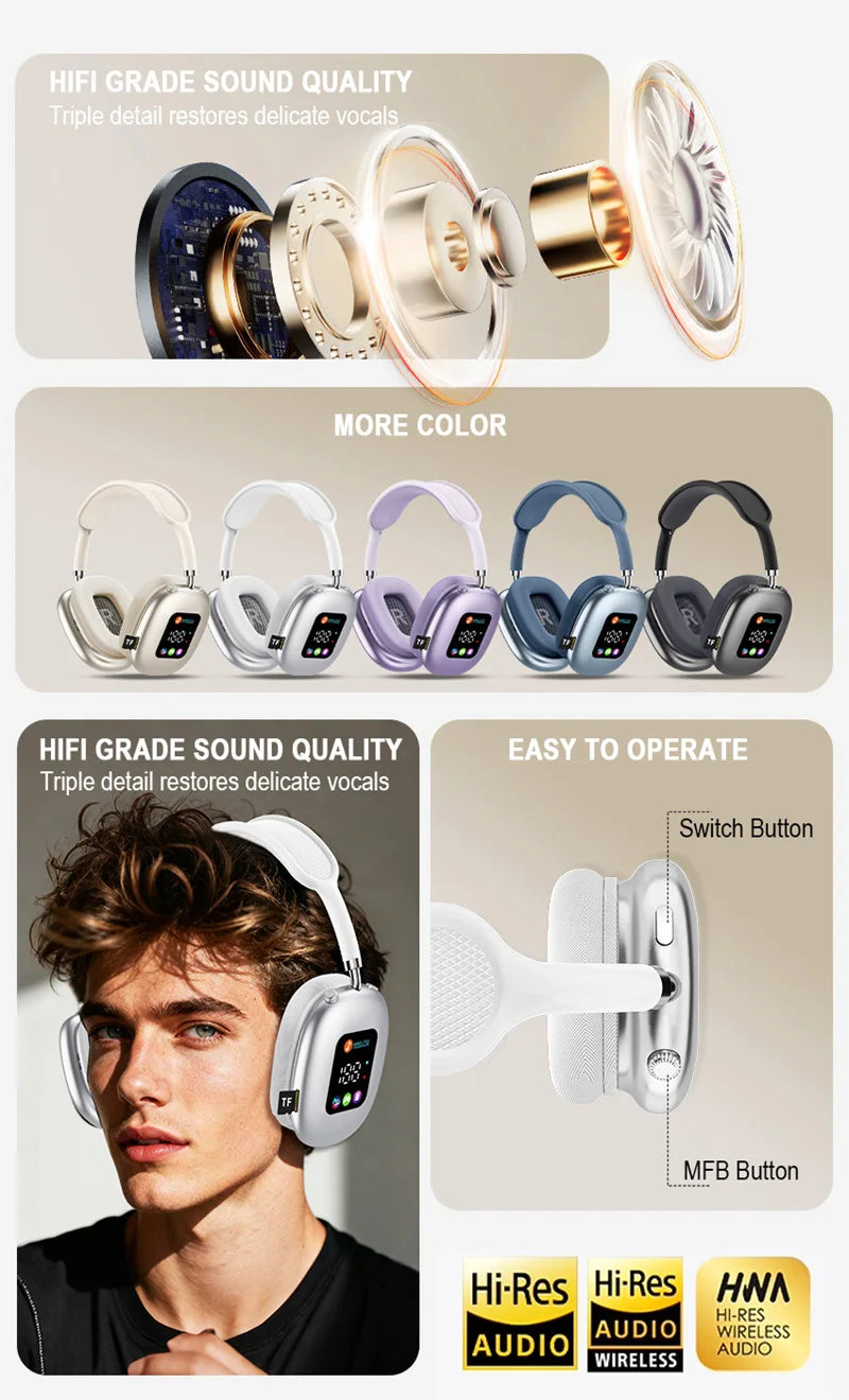 Wireless Bluetooth Headset with RGB Digital Display, Card Reader, Long Battery Life, HiFi Sound & Noise Reduction Earphones