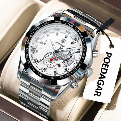 Relógio de luxo para homem POEDAGAR, estanque, luminoso, com data, desportivo, bracelete em aço inoxidável, movimento de quartzo.