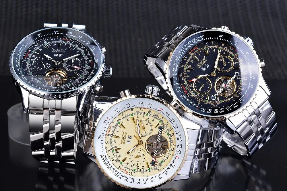 Luksusowy zegarek mechaniczny z automatycznym mechanizmem w stylu retro JARAGAR 034, tourbillon, szkieletowa konstrukcja, stal nierdzewna, kalendarz tygodniowy, zegarek męski